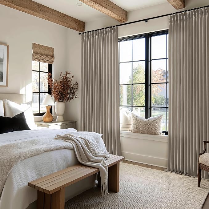 Linen Taupe Pleated Curtains 90 Inches Long 70 Inch Wide Patio Sliding Glass Door Curtains Light Filtering Semi Sheer Pinch Pleat Drapes Boho Extra Wide 70x90 Curtain for Living Dining Room