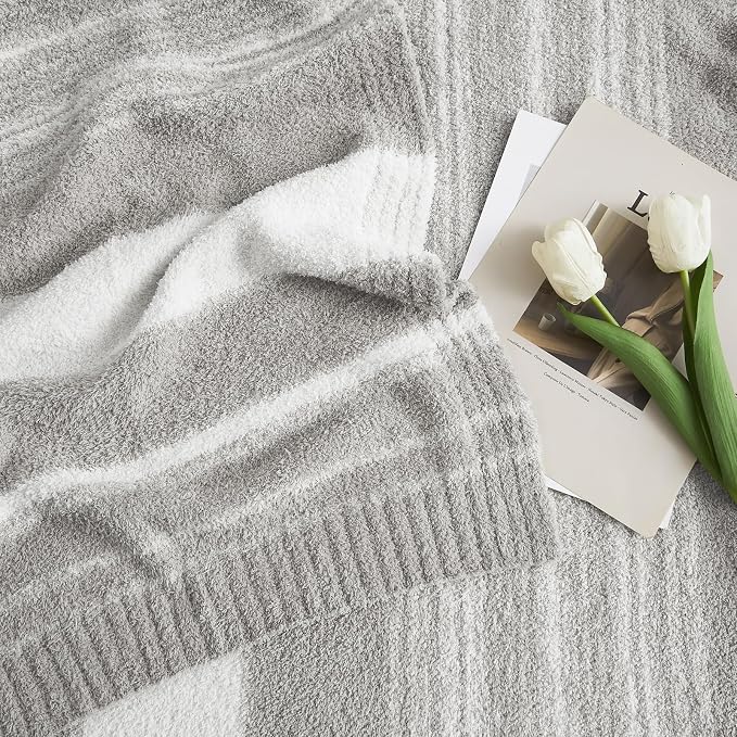 WRENSONGE Soft Throw Blanket for Couch-Cozy Reversible Knitted Blankets | Lightweight Warm Fluffy Decor for Women, Mom, Her & Girls, Sofa, Chair, Bed, 50x70in,Grey Stripe