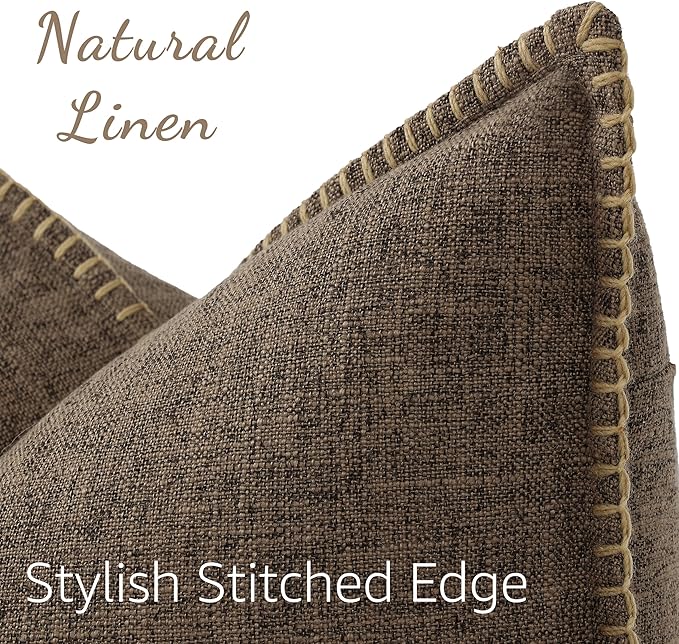 decorUhome Summer Decorative Throw Pillow Covers 12x20 Set of 2 Lumbar Faux Linen Farmhouse Pillow Covers with Stitched Edge Outdoor Neutral Pillow Covers for Couch Sofa Living Room, Chocolate