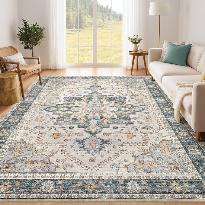 Tortania Area Rug Living Room Rugs - 6x9 Washable Boho Rug Vintage Oriental Distressed Farmhouse Large Thin Indoor Carpet for Living Room Bedroom Under Dining Table Home Office - TealTaupe