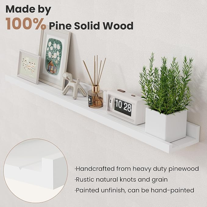 Acovy Floating Shelves for Wall, 36 inch Solid Wood Picture Ledge Shelf, Picture Shelf for Wall with Ledge, Floating Book Shelves for Living Room Bedroom Kitchen Nursery Decor, White, Set of 2