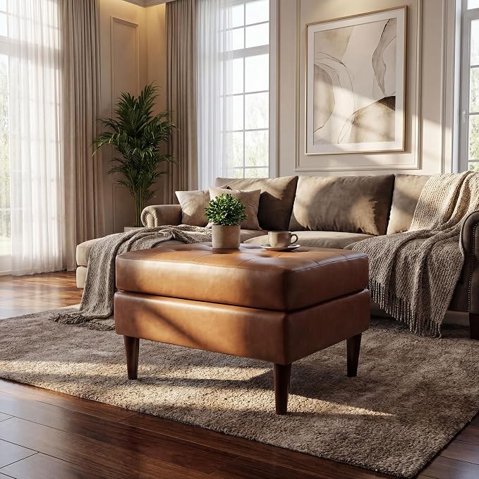 Christopher Knight Home Dalla Faux Leather Ottoman Coffee Table, Small Living Room Sofa Footrest, Wooden Rectangular Ottoman Footstool, Guest Extra Seat, Tan Brown+Walnut