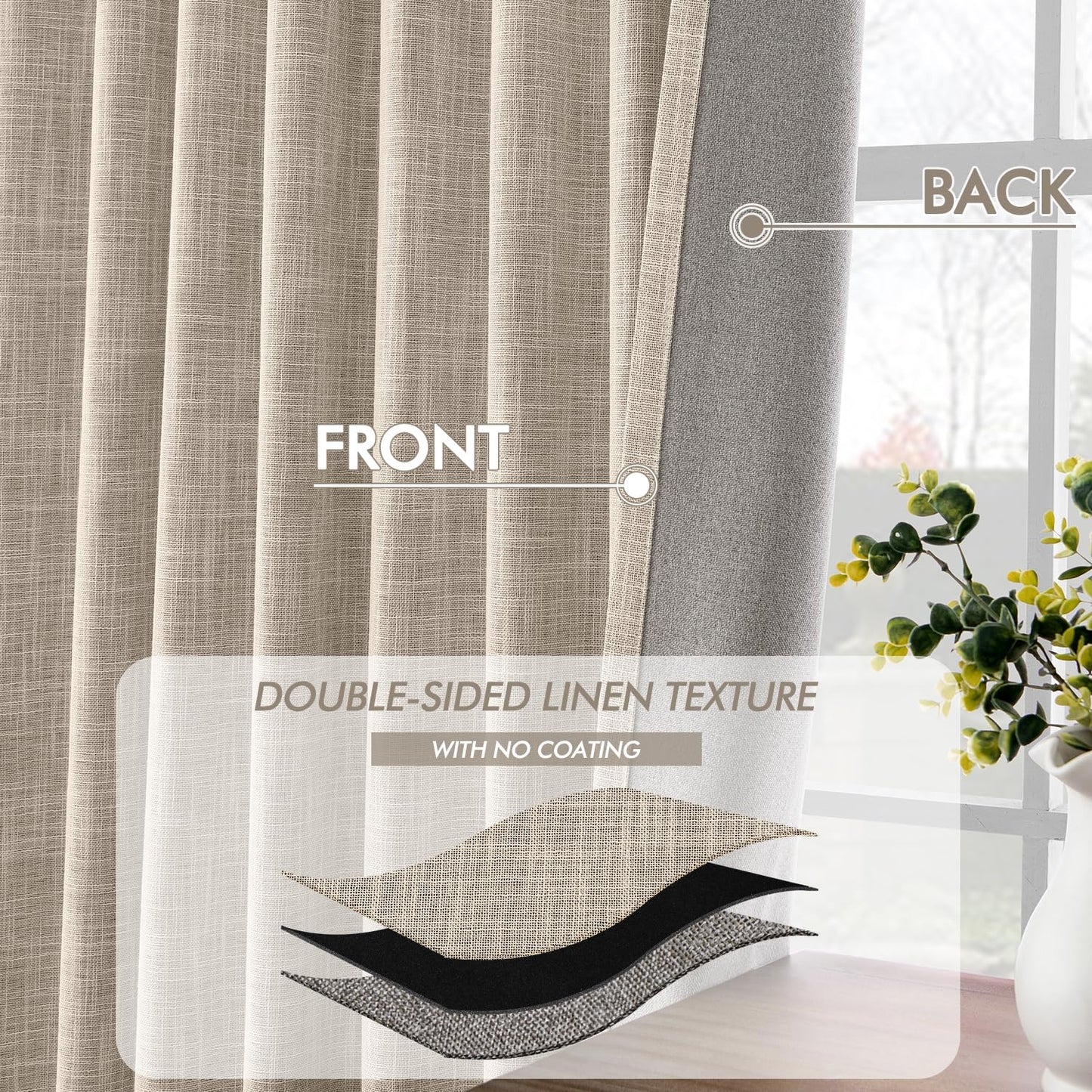 MIULEE Beige 100% Blackout Linen Curtains 92 Inch 2 Panels Set Double Sided No Coating Pleated Back Tab Black Out Long Thermal Insulated Pinch Pleat Bedroom Living Room Darkening Window Drapes