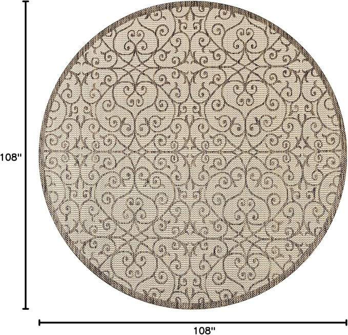 JONATHAN Y Vintage Filigree Indoor Outdoor Round Area Rug 9 Ft Beige/Brown, Madrid Textured Weave for Backyard, Patio, Porch, Easy-Cleaning, High Traffic, Pet-Friendly, Non-Shedding (SMB107B-9R)