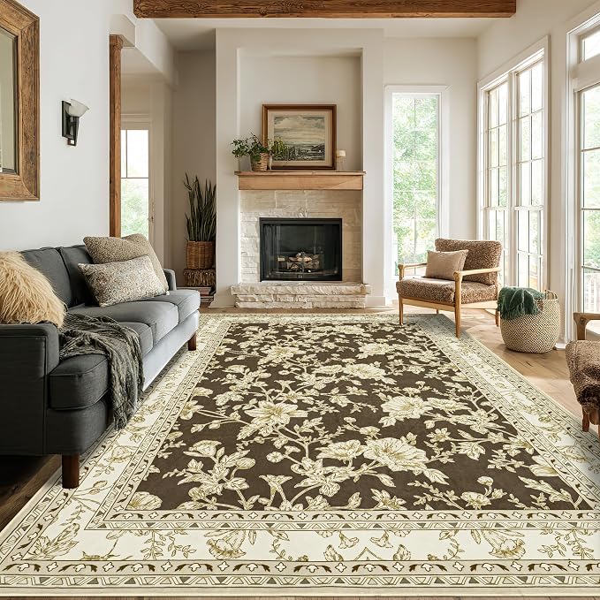 Large Neutral Brown Area Rug 10x12 for Living Room Earth Tone Cream Khaki Pattern Modern Boho for Bedroom Soft Vintage Area Rug Farmhouse Floral Carpet for Dining Room Guest Bedroom Home Decor