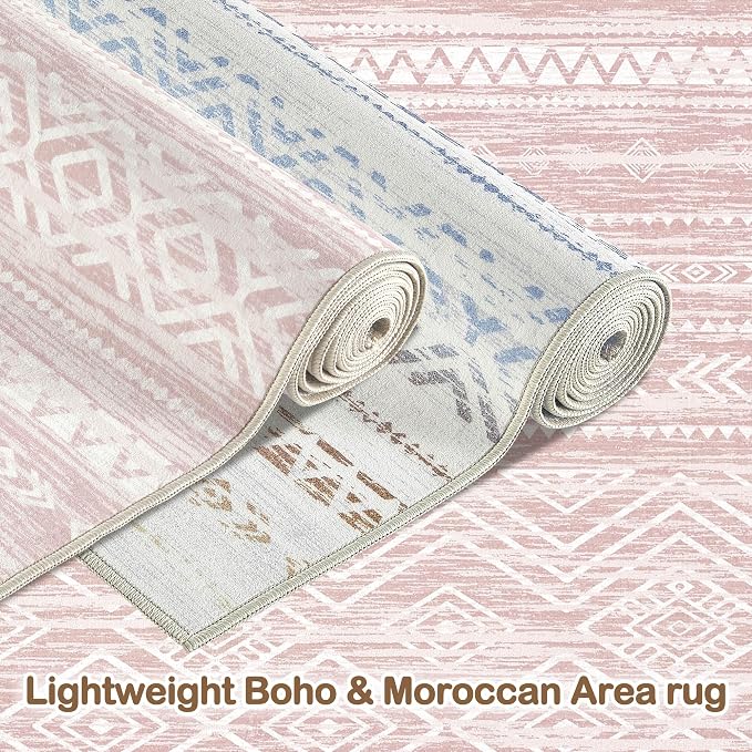 Tortania Area Rug Living Room Rugs- 6x9 Washable Large Soft Neutral Boho Moroccan Bohemian Farmhouse Rug Indoor Floor Carpet for Bedroom Under Dining Table Home Office Decor - Pink