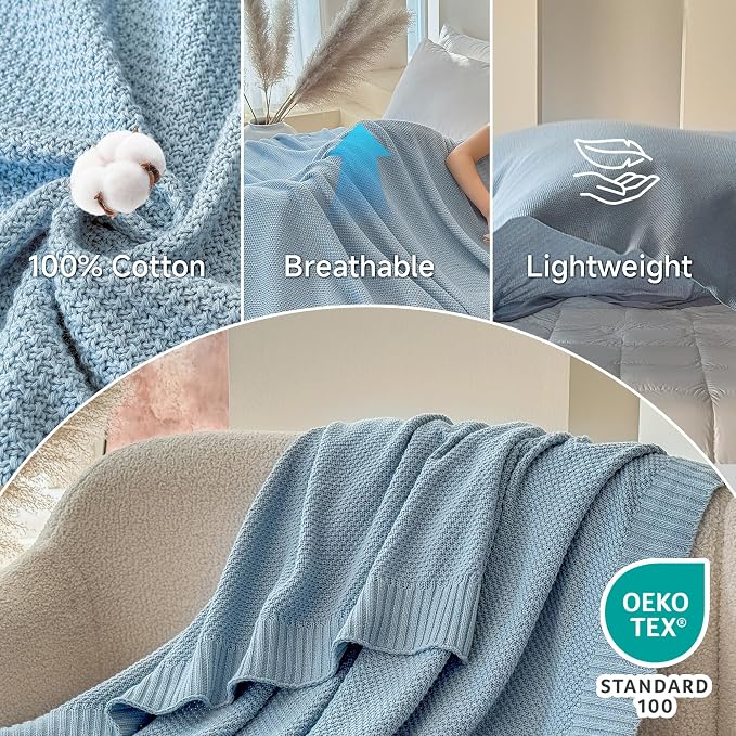Simple&Opulence 100% Cotton Throw Blanket, Solid Color Cable Knitted Blanket Super Soft Comfortable Breathable Decorative Farmhouse for Couch Sofa Bed, All Season Use(Winter Blue,50x60)