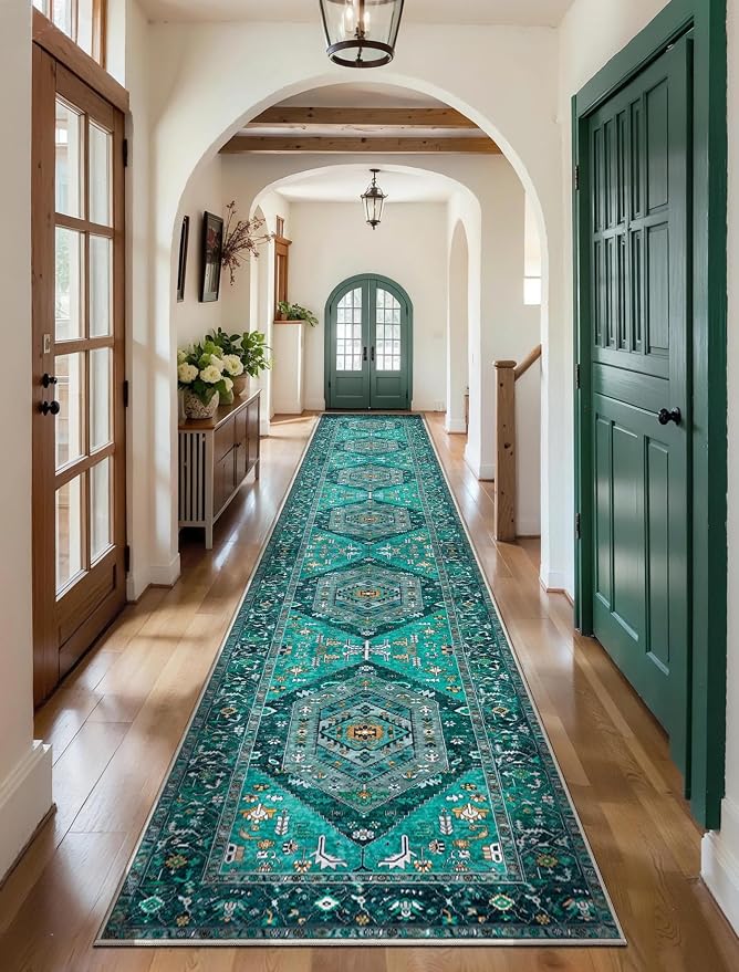 SERISSA Runner Rug for Hallways, 2'6"x16' Washable Non Slip Kitchen Runner Rug, Extra Long Boho Rug Ultra Soft Vintage Teal Print Floor Carpet for Bedroom Hallway Entryway Bathroom Laundry Room