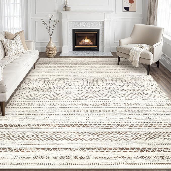 Tortania Area Rug Living Room Rugs - 9x12 Washable Large Soft Neutral Boho Moroccan Bohemian Farmhouse Rug Indoor Floor Carpet for Bedroom Under Dining Table Home Office Decor - Beige Brown