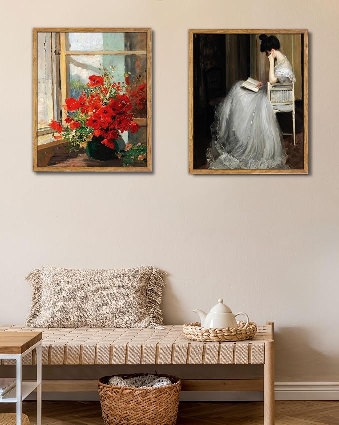 UPWOIGH Red Poppy Framed Impressionist Wall Art, 16 x 24 Inch | Red Poppy Bouquet by a Sunlit Window, Impressionist Oil Painting Style, Warm Wood Frame for Living Room and Bedroom