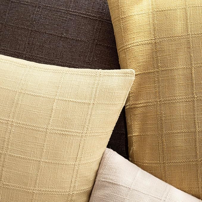 Foindtower Set of 2 Decorative Linen Check Throw Pillow Covers Neutral Farmhouse Vintage Cushion Covers Modern Boho Accent Home Decor for Sofa Chair Couch Bedroom Living Room,24×24 Inch,Amber Gold