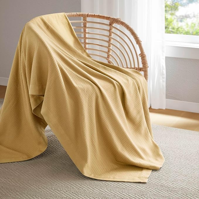 Madison Park 100% Egyptian Cotton Lightweight Summer Blanket, Breathable Waffle Knit Design, Soft Cozy All-Season Throw for Bed, Couch or Sofa, Mustard Yellow Twin Size (66"x90")
