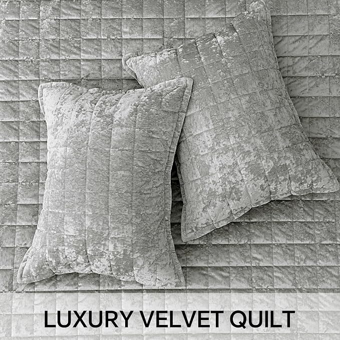 BEDELITE Velvet Quilt Set Queen Size - Luxury Soft Velvet Comforter Bedding Set for All Season, Lightweight Quilted Box Stitch Oversized Bedspread Coverlet with 2 Matching Shams, Shiny Light Grey