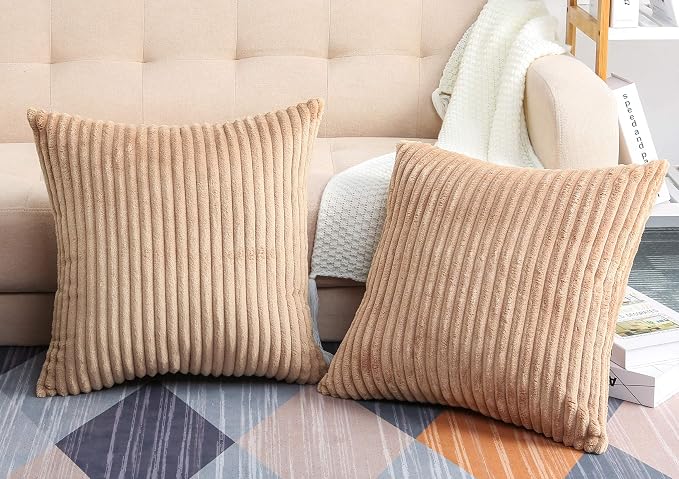TangDepot Velvet Big Corduroy Pillow Covers 22x22 Khaki 2-Pack | Soft wide-stripe corduroy pillow cover, hidden zipper, machine washable, easy refresh, for bedroom living room indoor outdoor