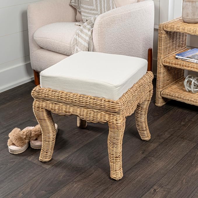 JONATHAN Y Rowan Woven Rattan Vanity Stool with White Cushion, 18.5" Coastal Backless Makeup Chair for Bedroom & Bathroom, Natural Mango Wood Wicker Ottoman Footrest VSL1000A