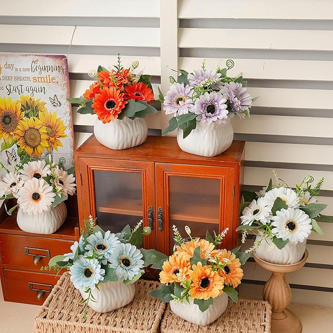 Donmills 6PCS Artificial Sunflower with Ceramic Vases – Spring Centerpiece Table Decorations, Faux Sunflower Floral Arrangements for Coffee Table, Dining Room, Kitchen & Farmhouse Home Decor