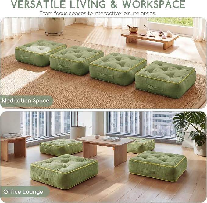 HIGOGOGO 6" Extra Thick Floor Pillow Cushion for Adults, Meditation Cushion Pillow with Handle, Lustrous Chenille Tufted, Square Floor Sitting for Tatami Living Room or Yoga, 22x22 Inch, 2Pack, Green