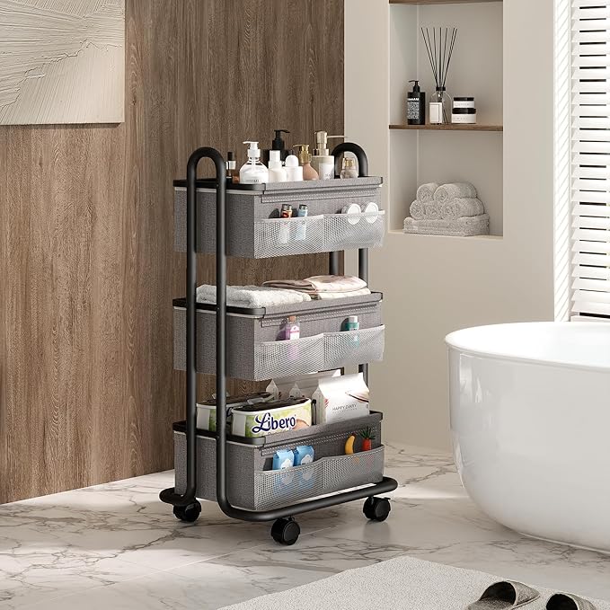 3-Tier Baby Diaper Caddy Organizer Cart, Mobile Nursery Storage Carts with Wheels, 3 Dividers & 6 Mesh Pockets Durable Metal Utility Cart for Nursery, Bedroom, Bathroom, Baby Essentials Organization