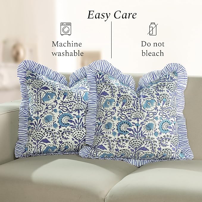 CPC Indigo Blue Ruffle Throw Pillow Covers for Couch, 20x20 Inch Cotton Stripe Ruffle Couch Pillows for Living Room, Hidden 16 Inch Zipper Boho Pillow Case or Cute Outdoor Pillows
