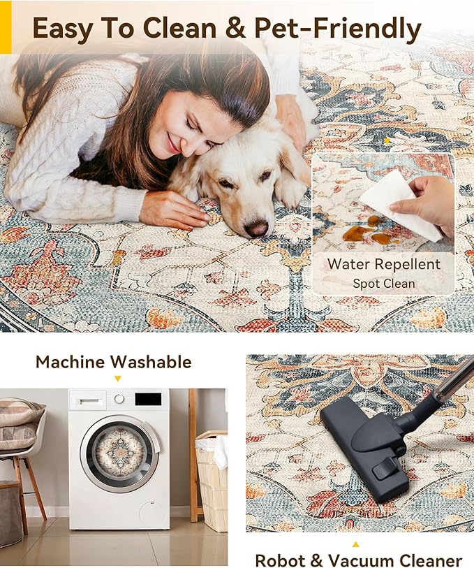RELEANY Area Rugs 4ft Washable Non-Slip, Floral Vintage Distress Print Pattern Medallion Carpet for Living Room Bedroom Dining Room, Beige Navy Blue Orange Colorful