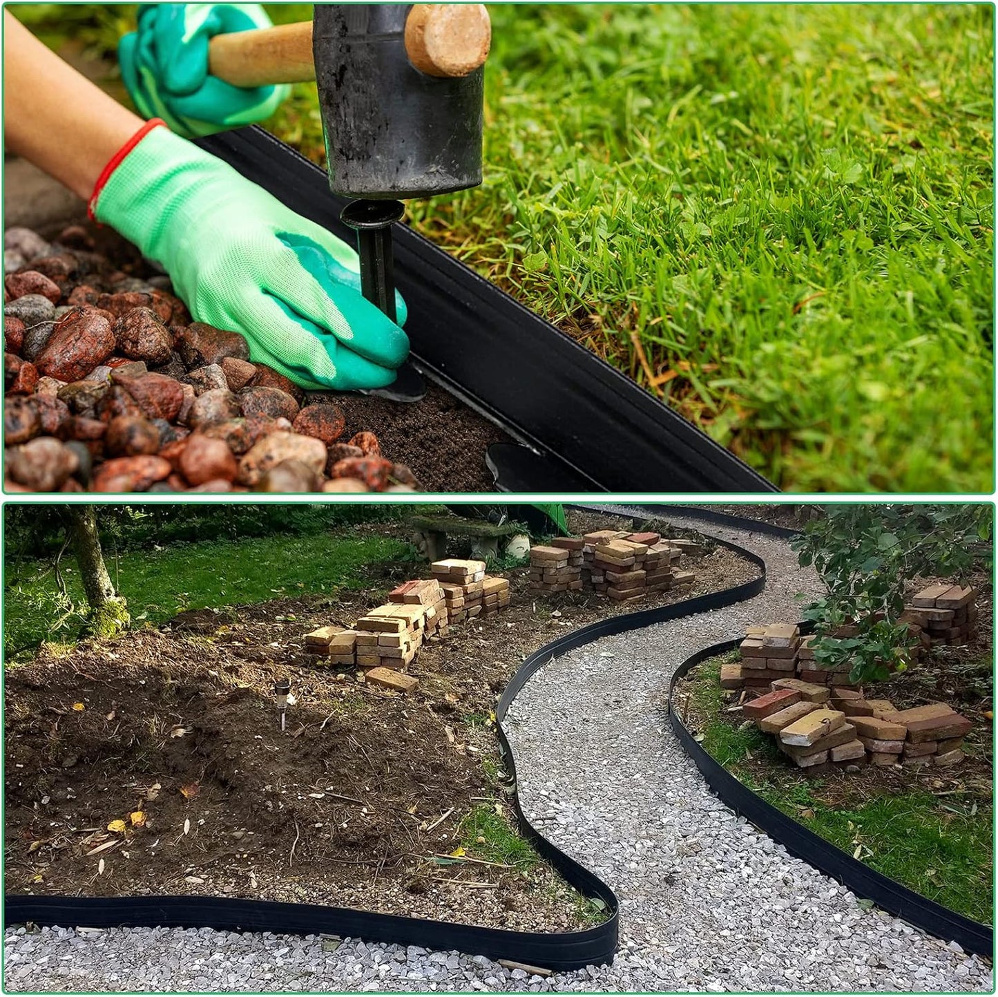 Queekay Landscape Edging Kit 148 ft with 70 Spikes 20 Connectors Plastic Border for Garden, Lawn, Yard, Pathway(Black,2 Inch)