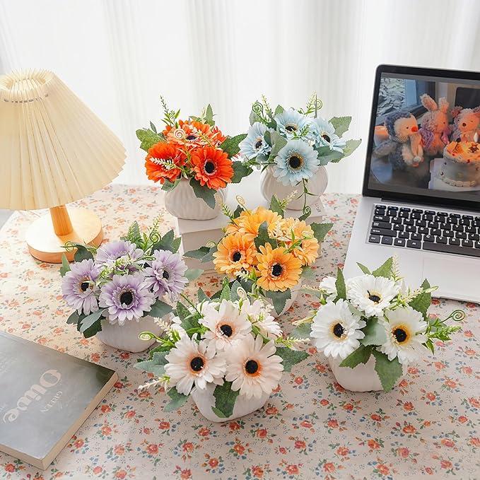 Donmills 6PCS Artificial Sunflower with Ceramic Vases – Spring Centerpiece Table Decorations, Faux Sunflower Floral Arrangements for Coffee Table, Dining Room, Kitchen & Farmhouse Home Decor