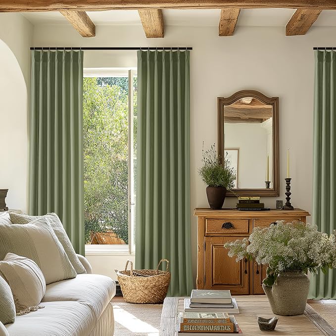 Olive Green Linen Curtains 108 Inches Long Living Room 2 Panels Set Modern Aesthetic Pinch Pleated Light Filtering Semi Sheer Ceiling Floor Track Curtains with Hooks Rings Drapes for Bedroom Window