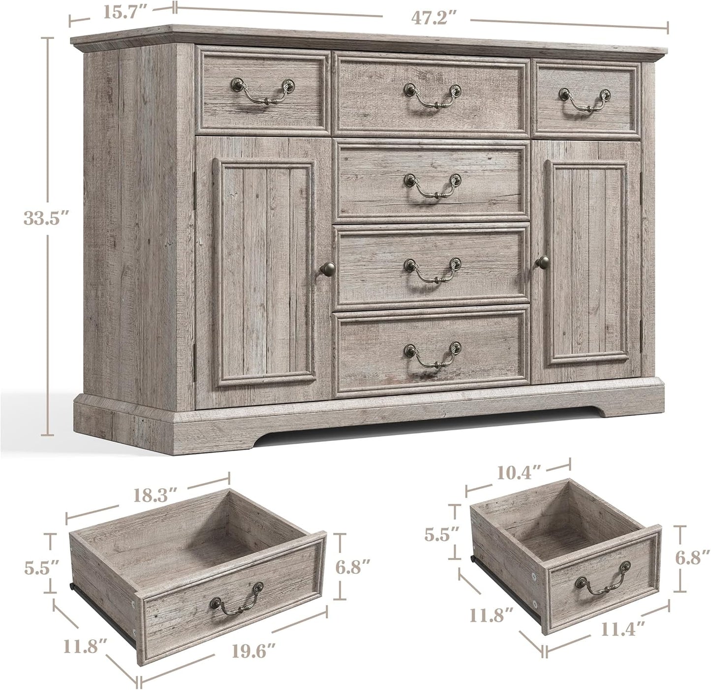 EnHomee Dresser for Bedroom with 6 Drawer & 2 Doors Wood Dressers & Chests of Drawers Farmhouse TV Stand,Entryway,Light Rustic Oak