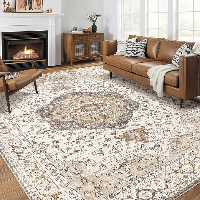 12x18 Area Rugs for Living Room - Large Carpet Ultra Thin Soft Washable Oriental Vintage Floral Distressed Big Indoor Carpets for Bedroom Nursery Dorm Home Decor Aesthetic - Camel/Beige