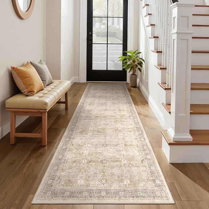 Earth Tone 3x8 Hallway Runner Rug, Kitchen Runners Non Skid Washable 8 ft, Washable Non Slip Ultra Thin Carpet Runner for Entryway Corridor Mudroom Bathroom, Vintage Farmhouse Beige Taupe