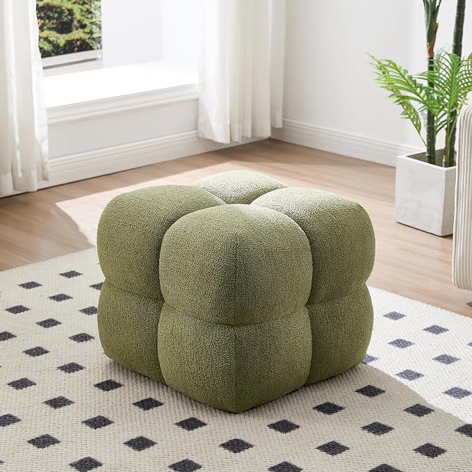 Zesthouse Square Pouf Ottoman Footstool, Modern Backless Vanity Chair for Bedroom, Green Boucle Foot Rest for Couch, Upholstered Tufted Footstool, Poofy Fabric Ottoman Coffee Table for Living Room