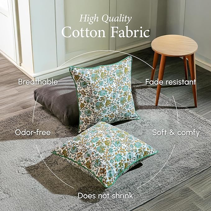 CPC 100% Cotton Throw Pillow Covers 18x18 Inch, Set of 2 Blue Block Print Pattern Couch Pillow, Cute Boho Decorative Pillows for Living Room, Bedroom with Hidden Zipper- Harvest Bloom