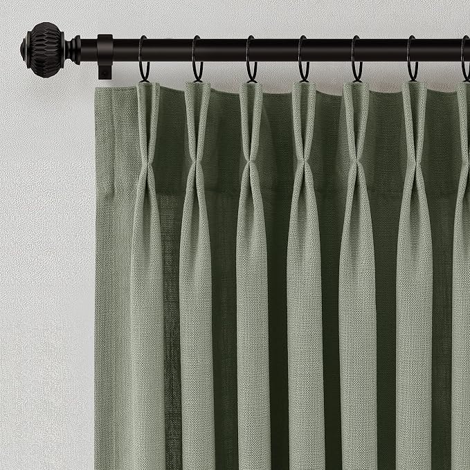 Sage Green Pinch Pleated Linen Curtains 90 Inches Long for Living Room Bedroom with Rings Hooks Clips Back Tab Semi Sheer Curtains Light Filtering Boho Farmhouse Drapes Light Green