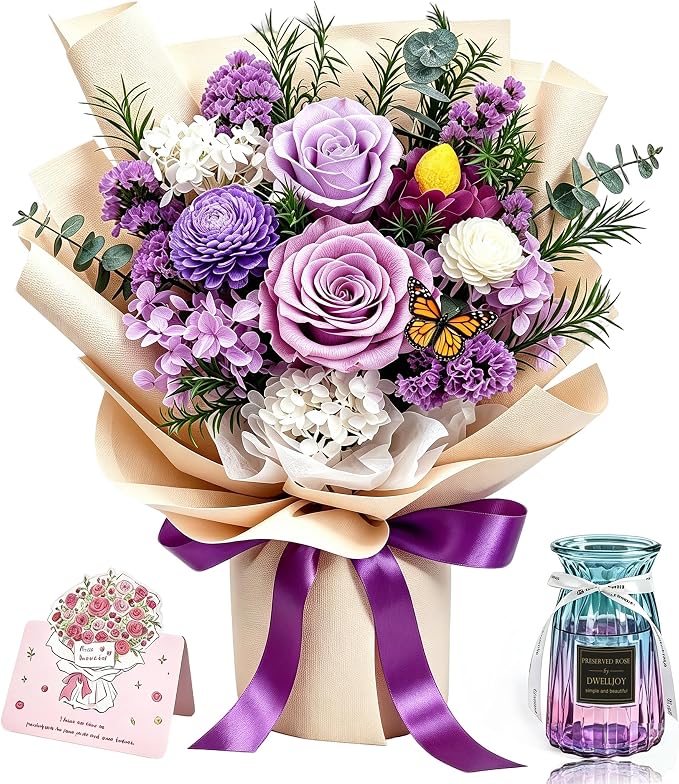 Preserved Flowers Bouquet, Purple Roses Forever Flowers for Delivery | Floral Arrangements in Vase, Birthday Flowers Gifts for Women Wife Mother's Day, Real Fresh Rose Dried