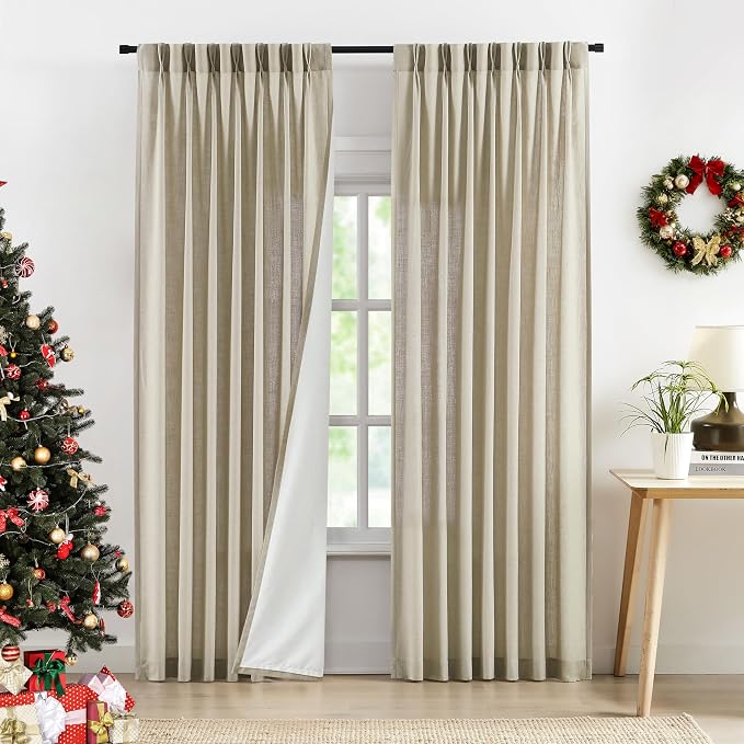 Central Park Sand Pinch Pleated Light Filtering Curtain Panel 90 Inches Linen Blended with Microfiber Liner Rustic Textured Window Drapes for Living Room Bedroom with Back Tabs Hooks, 40" L x90 W x2
