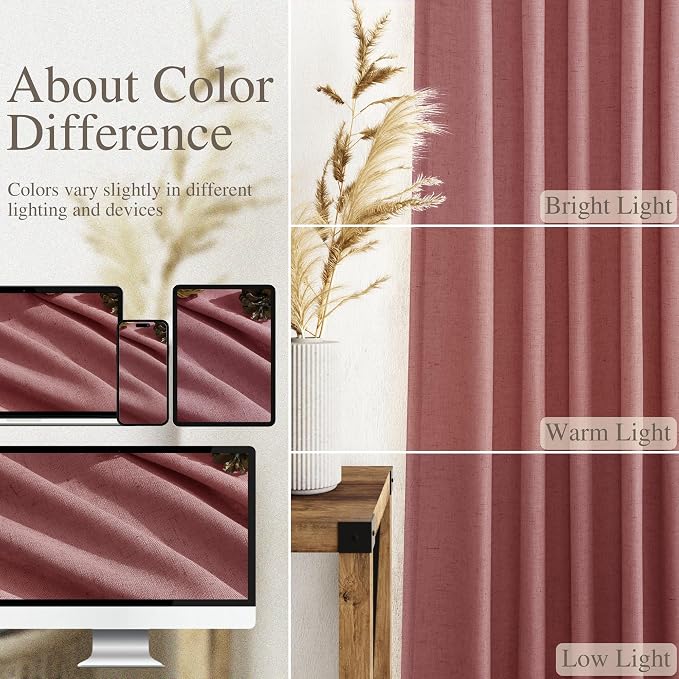 Nanspring Canyon Rose Linen Curtains 90 Inch Long 2 Panels Set for Bedroom Living Room Dusty Rose Linen Textured Window Drapes Semi Sheer Light Filtering Rod Pocket Back Tab Farmhouse Curtain 52x90