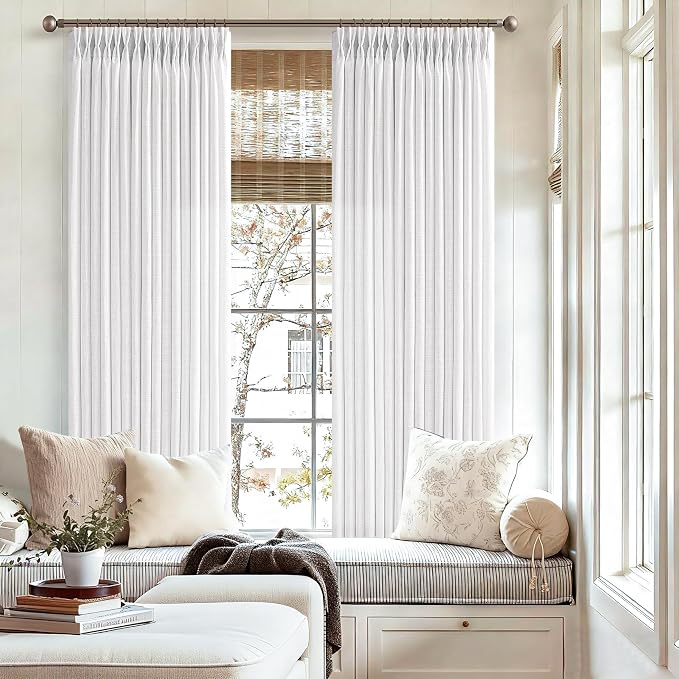 Pinch Pleat White 72 Inch Curtains for Bedroom Rustic Linen Blend Viral Pleated Semi Sheer Window Drapes Light Filtering Privacy Cottagecore Office Sunroom Cabin Curtain Back Tab Snow White 50x72