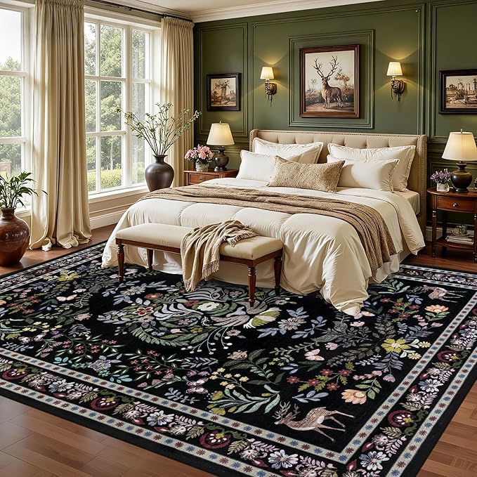 9x12 Area Rugs Living Room Rug: Vintage Washable Rug Floral Soft Carpet Indoor Floor Non-Slip Boho Stain Resistant Large Carpets for Bedroom Kids Nursery Dining Room Farmhouse Home Office Black