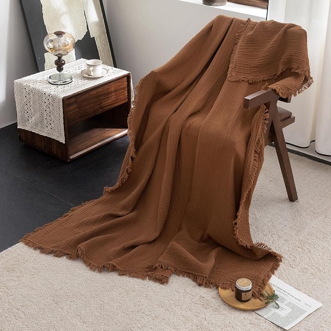 FOSSA Muslin Blanket 4-Layer 100% Cotton Gauze Blanket with Fringe 50"x70" | Super Soft Breathable Lightweight All Season & Decorative Blanket or Bed, Sofa, Office (Dark Orange,Throw XL)