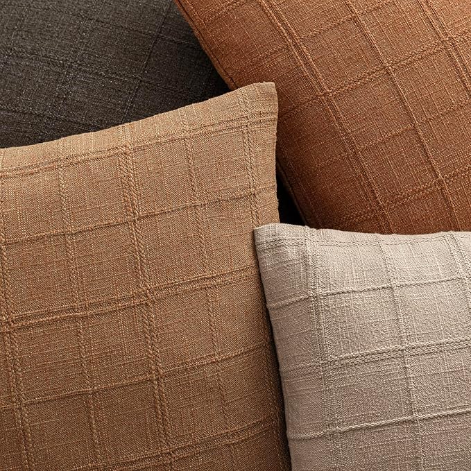 Foindtower Set of 2 Decorative Linen Check Throw Pillow Covers Neutral Farmhouse Vintage Cushion Covers Modern Boho Home Decor for Sofa Chair Couch Bedroom Living Room,18×18 Inch,Brick