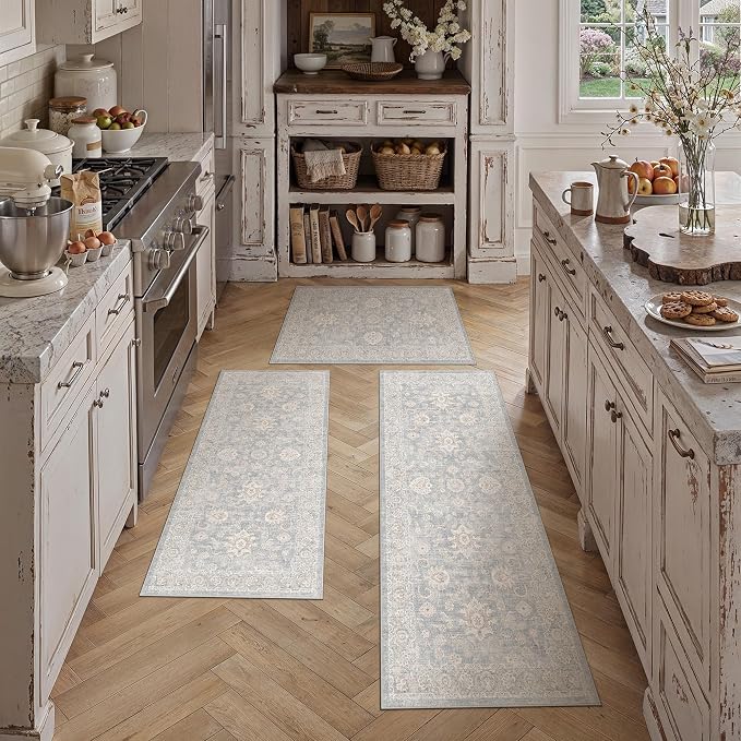 3 Piece Blue Cream Washable Kitchen Rug Set Neutral Floral Soft Non Slip Runner Mats Low Pile Distressed Area Rugs for Floor Sink Laundry Hallway Bathroom, 2x3 + 2x4 + 2x5