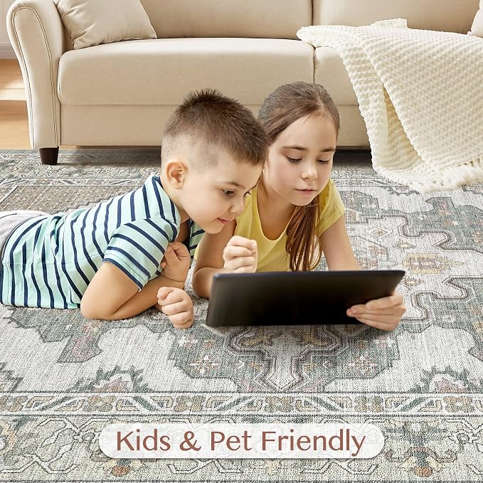 Tortania Area Rug Living Room Rugs - 10x12 Washable Boho Rug Vintage Oriental Distressed Farmhouse Large Thin Indoor Carpet for Living Room Bedroom Under Dining Table Home Office - Sage Green
