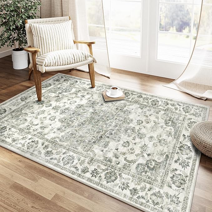 3x5 Washable Neutral Area Rug Green Vintage Entryway Office Carpet Non-Slip Soft Low Pile Farmhouse Throw Rug for Entrance Living Room Bathroom Dining Room