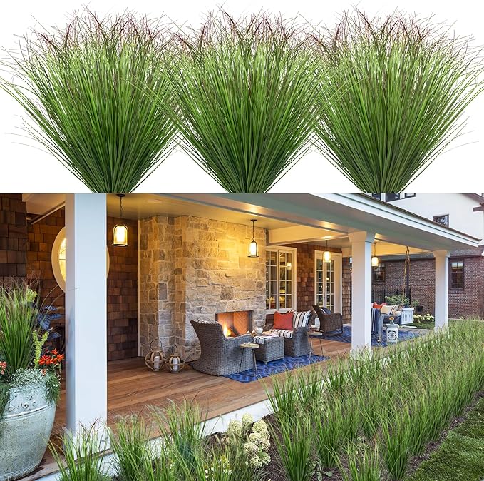 100Pcs Artificial Grass Plants Outdoor Faux Shrubs Wheat Grass Green Onion Grass Artificial Greenery Tall Stems for Indoor Outdoor Office Home Decor（Green Red Tail）