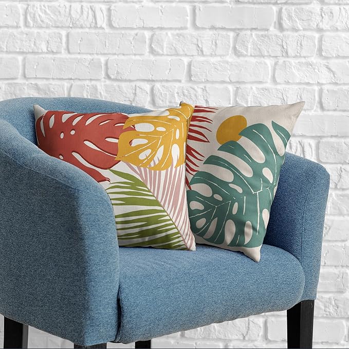 Pack of 2 Tropical Leaves Throw Pillow Covers Summer Palm Banana Leaf Pillow Covers 16x16 Abstract Sun and Monstera Leaf Cushion Case for Indoor Outdoor Decor