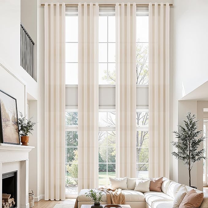 Nanspring Beige Linen Curtains 144 Inch Length for Living Room Bedroom Extra Long Grommet Modern Farmhouse Coastal Decor Cotton Textured Beige Sheer Linen Curtain for High Window 52x144,2 Panels Set