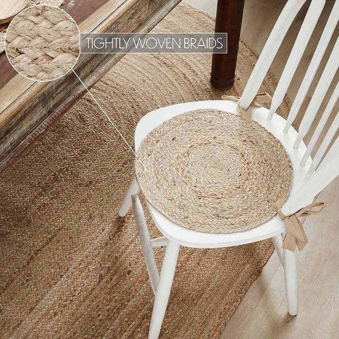 VHC Brands Jute Chair Pad, Dining Room and Kitchen Seat Cushion with Ties, Natural Collection, Round 15x15, Set of 2