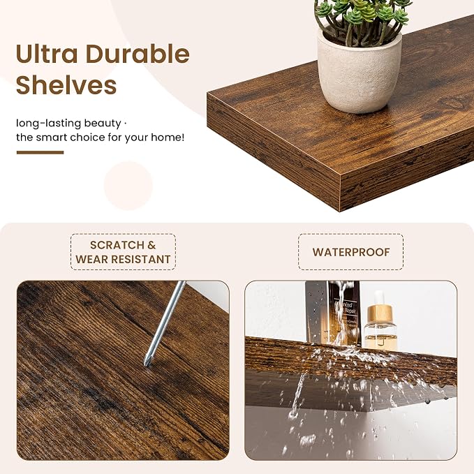 Marsmiles 55in Floating Shelves for Wall, 72" W x 9.25" D x 1.5" H, Long Wall Mounted Engineered Wood Shelves with Invisible Brackets for Living Room, Bedroom, Bathroom, Kitchen, Rustic Brown, 2Pcs