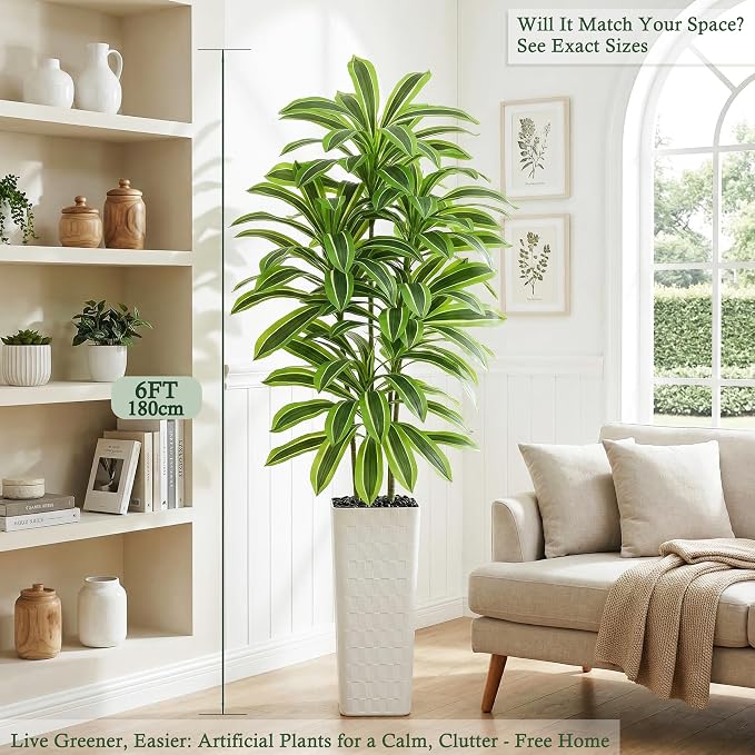 Artificial Dracaena Tree：7FT Faux Silk Tropical Yucca Floor Trees Realistic Fake Green Plant with Natural Wood Trunk & Lifelike Leaves for Home Office Decor Indoor & Outdoor (7FT,1-Pack,White)