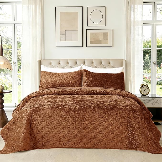 Velvet Quilt Set Full Queen Size 90x98 Bedspread Soft Bedding Set 3 Pieces Neutral Luxury Comforter with 2 Pillow Shams 20x26 All Season for Bedroom Home Decor,Caramel